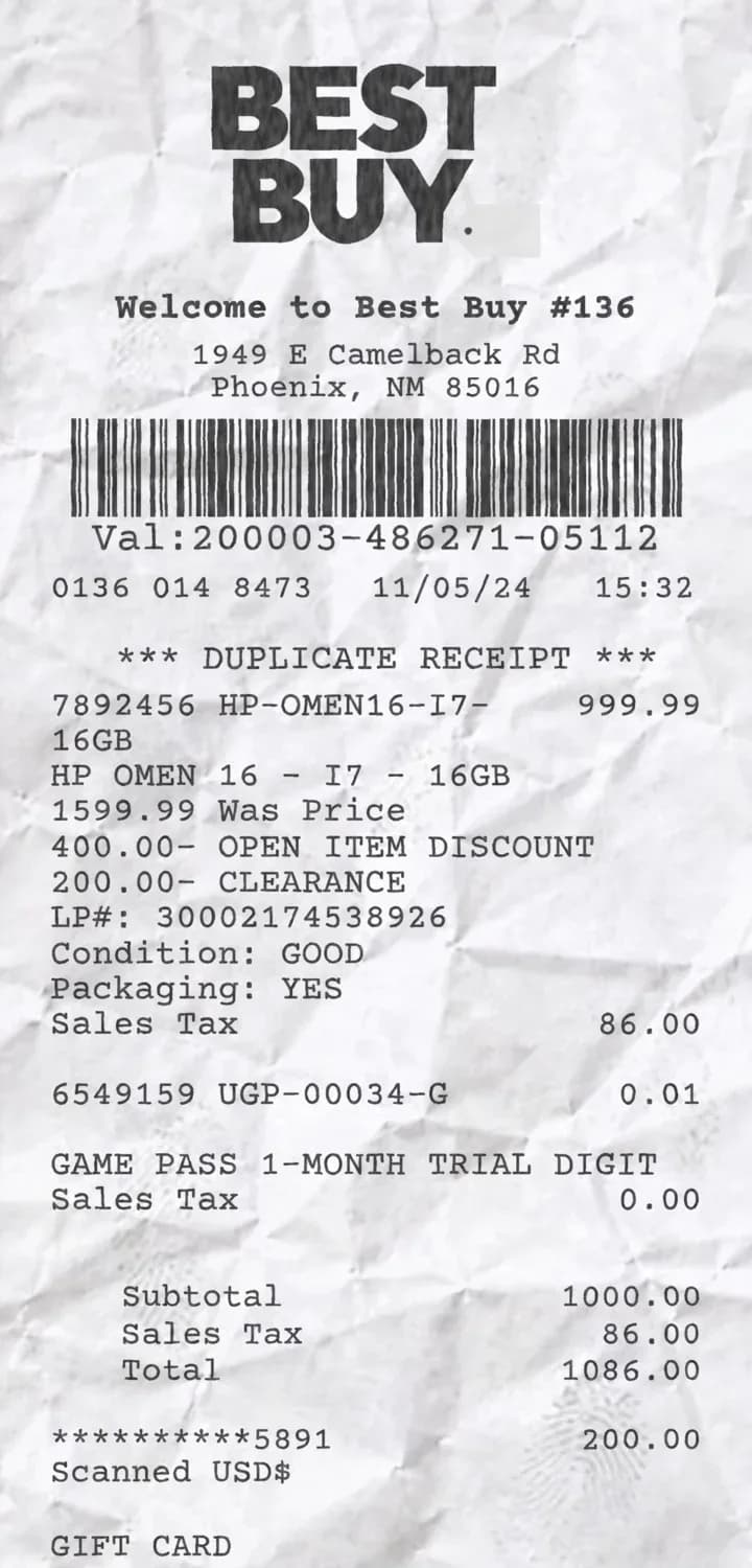 Best Buy receipt preview with itemized purchases and order totals