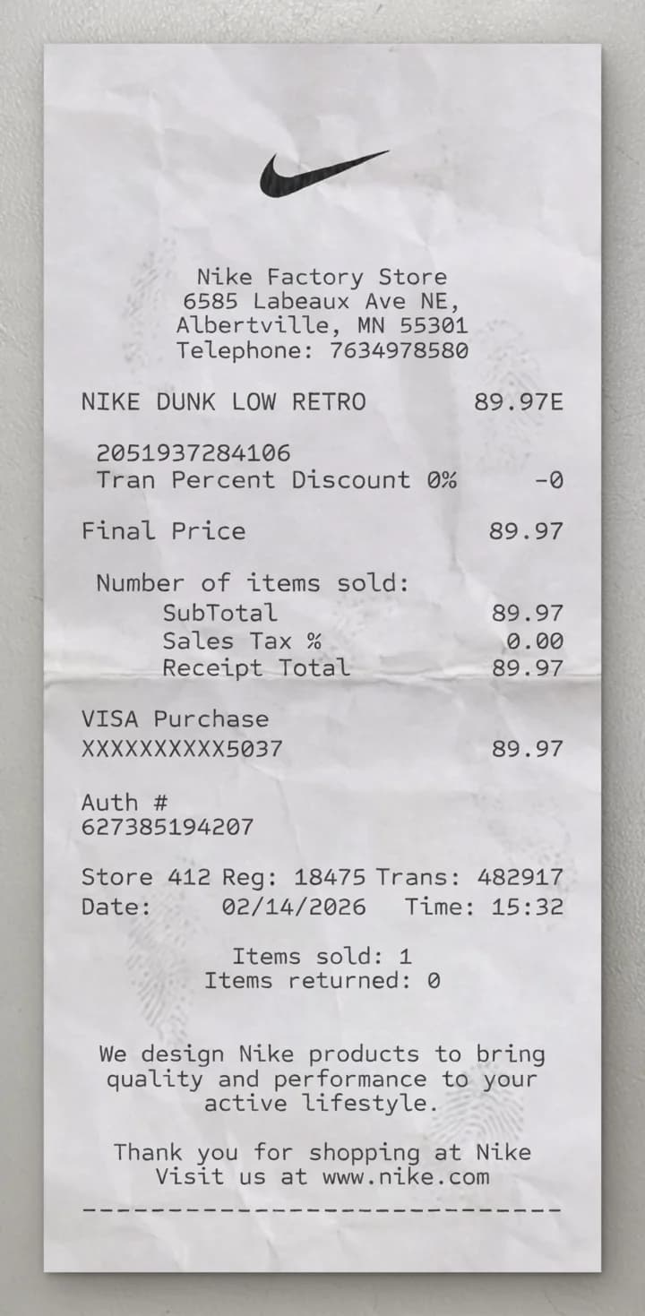 Nike receipt sample with footwear purchase details and totals