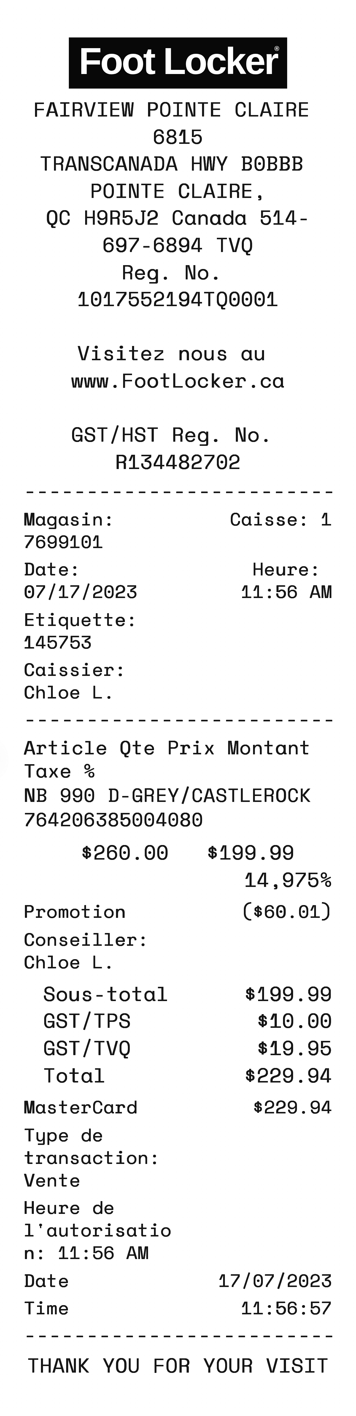Foot Locker-style retail receipt template preview